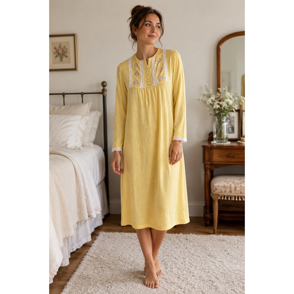 Vintage Nightgown Yellow Terrycloth Lace‎ Embroidery S/M 70s Grandmacore Dress